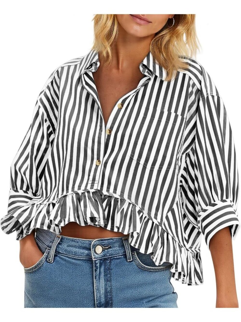 Cropped Striped Button Down Shirt with Ruffle Sleeves - 3/4 Length Women's Top